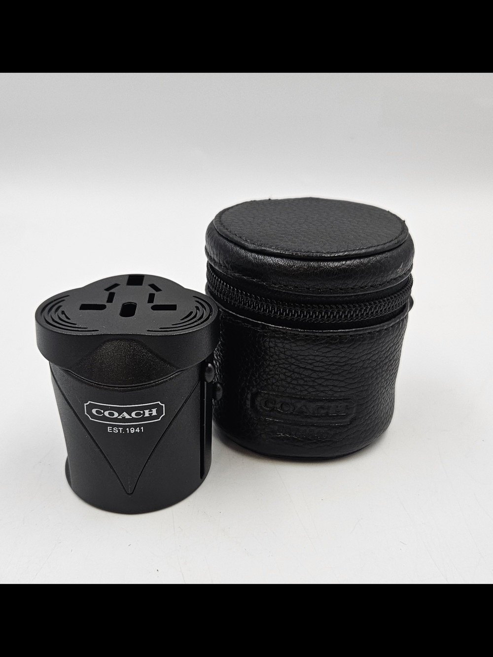 COACH Black Leather Travel Charger Case with Compact Adapter